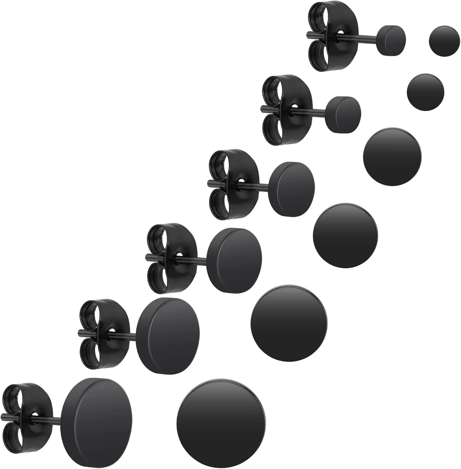 

6 Pairs Dot Stud Earrings Black Unisex Stainless Steel Stud Earrings Round Flat Top Earrings Black Set Women