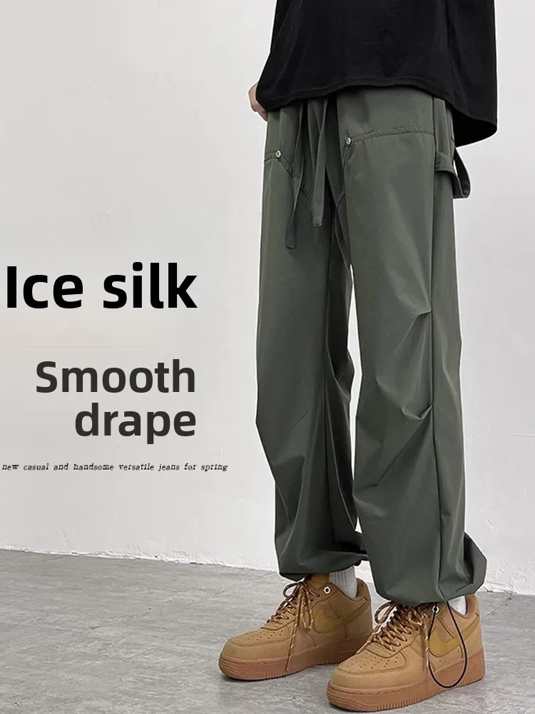 

Men's Summer Thin Qui Dry Ice Silk Casual Pants Folded Workwear Trousers Dstring Cuffed Long Trousers Breathable Loose Fit