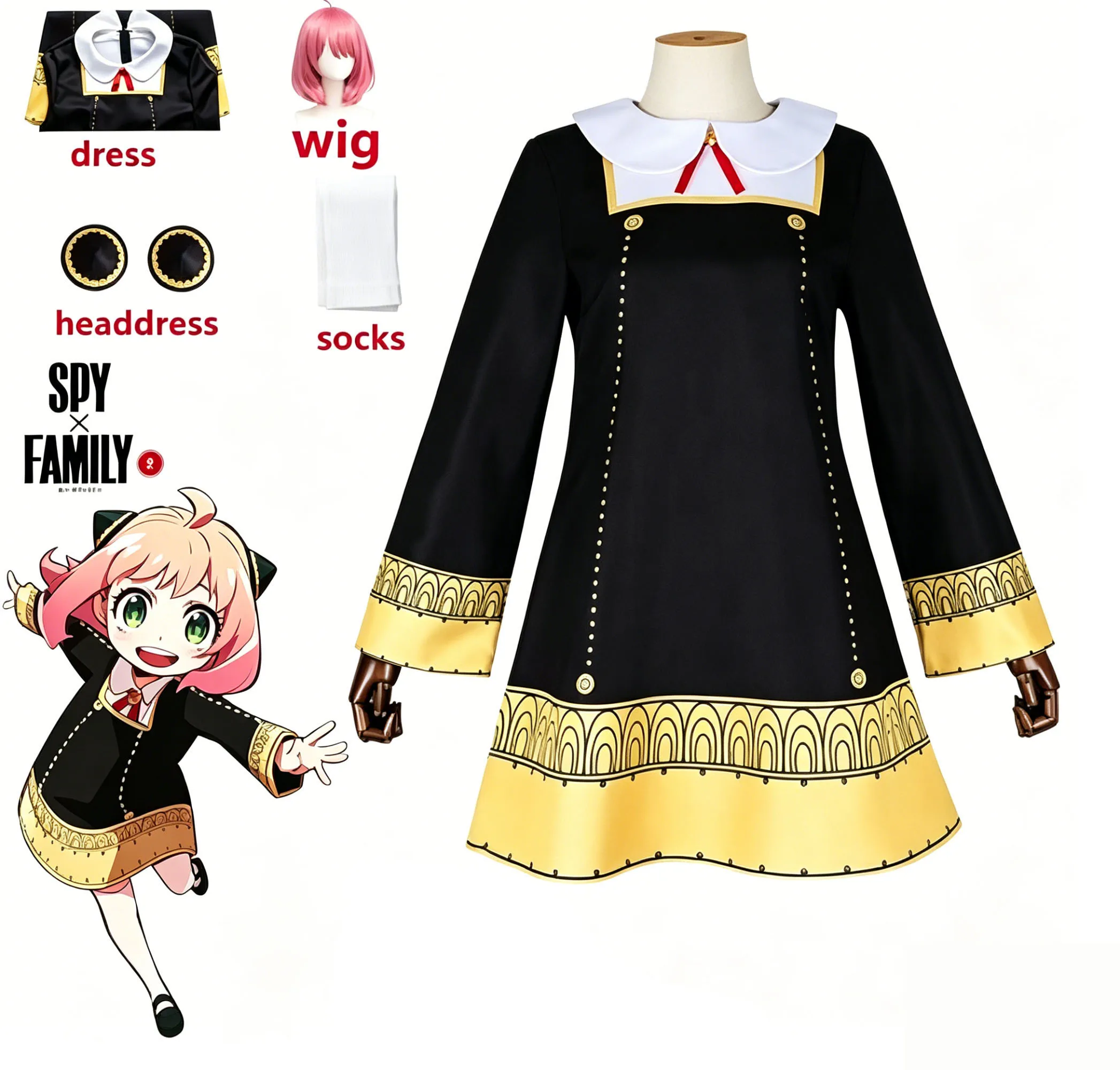 Spy X Family Anya Forger Cosplay Costume Black School Uniform Dress Wig Socks Headdress Shoes Full Set Halloween Outfit view 2