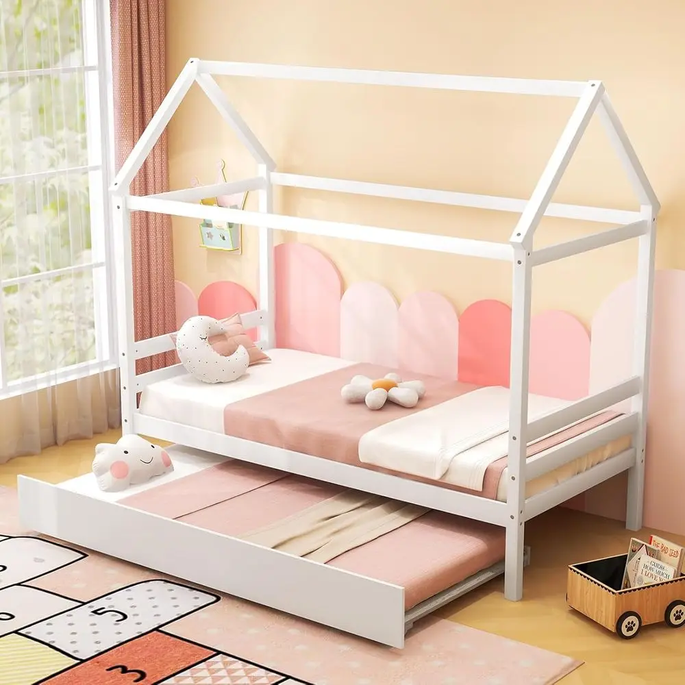 

Twin House Bed with Trundle, Solid Wood Playhouse Platform Frame, Kids Daybed with Roof for Girls & Boys, No Box Spring Needed,