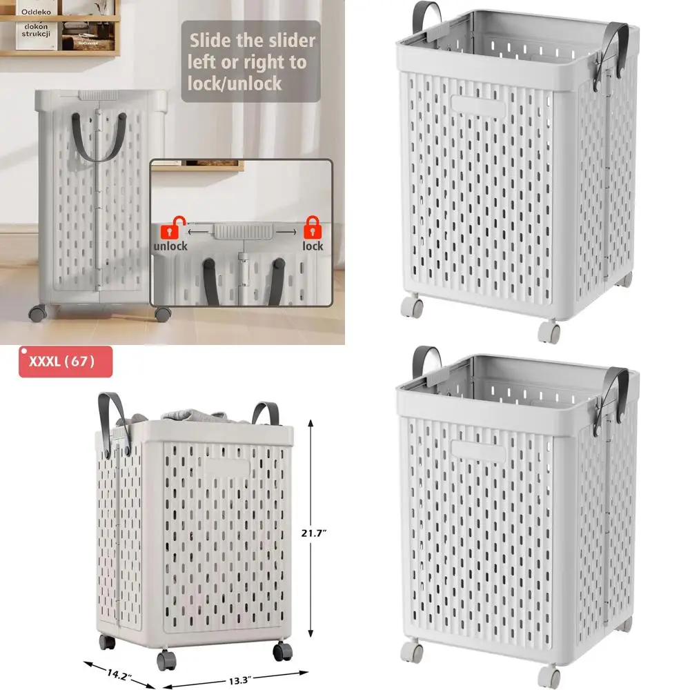 

Складная пластиковая корзина для белья с колесиками и ручкой, серая, идеально подходит для хранения белья и ванной комнаты.