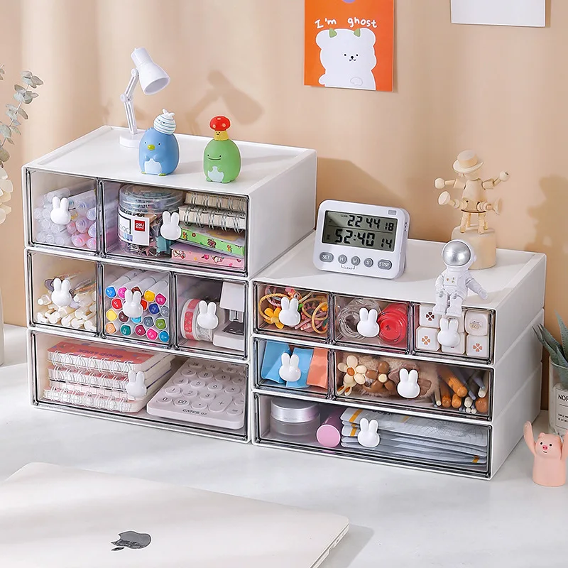 Desk Organizer Drawer With Sticker Cute Plastic Clear Organizing Boxes Stationery Storage Box Container For Home School