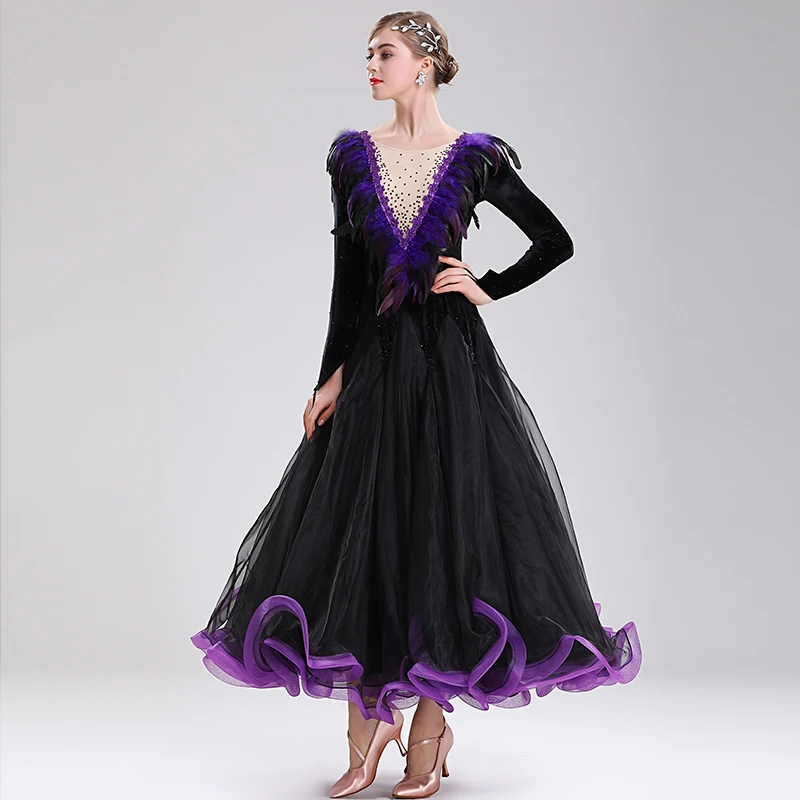 Customized Modern Dance Performance Costume Long Sleeved Feather Collar Big Swing Ballroom Dance Dress Adult Female