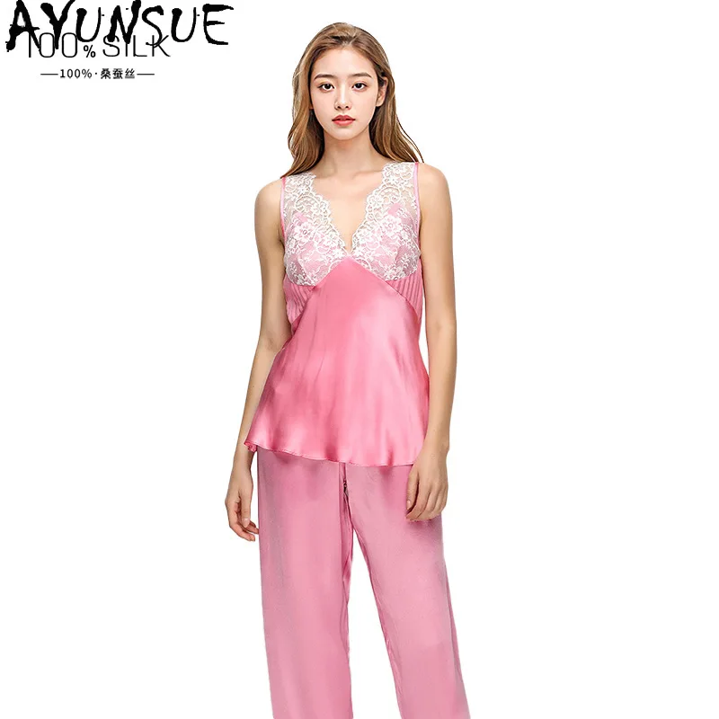 

AYUNSUE 16Mm 100% Mulberry Silk Sleepwear Women Women's Home Clothes Summer Pajama Set Sleeveless Top Pants Pijama Feminino