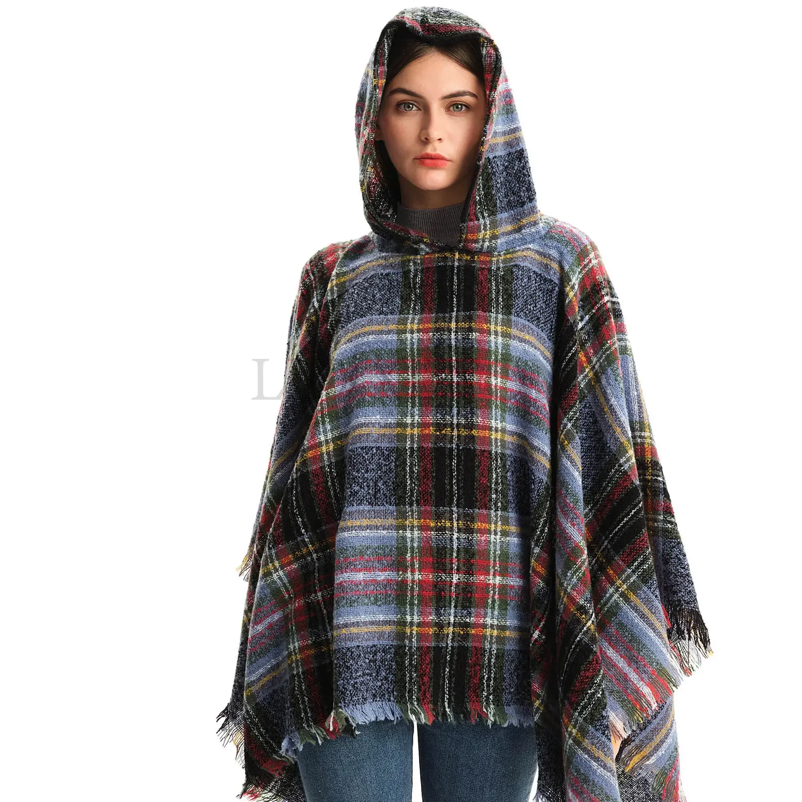 Fashion Ladies Hooded Plaid Cape Square Sweater Thicken Winter Shawl Wraps Blanket Scarf Coat Ponchos for Women