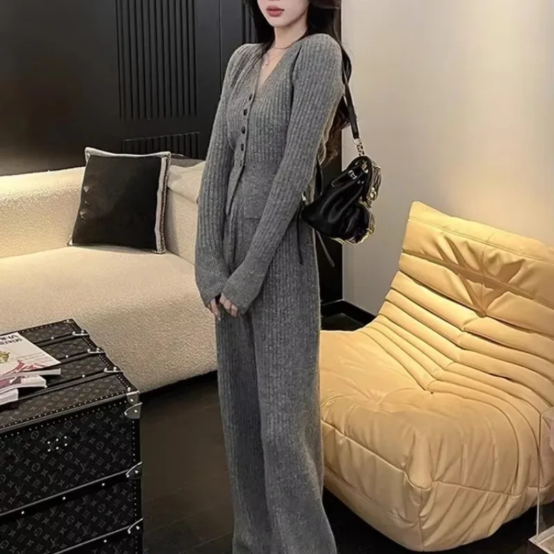 

Korean Style Women's Knitted Cardigan Top+pants Set Spring Winter Elegant V-neck Cardigan+loose Wide Leg Pants Two-piece Set Y2k