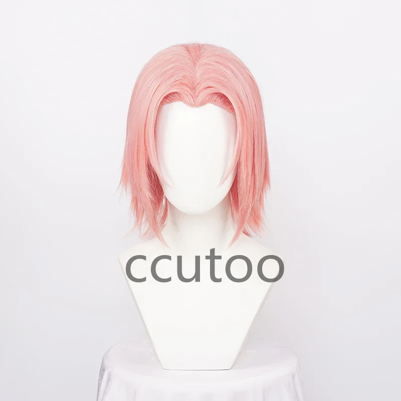 Girl Synthetic Anime Cosplay Haruno Sakura Wig Pink Cute Hair Heat Resistance Party Play Role + Red Headband + Wig Cap Free