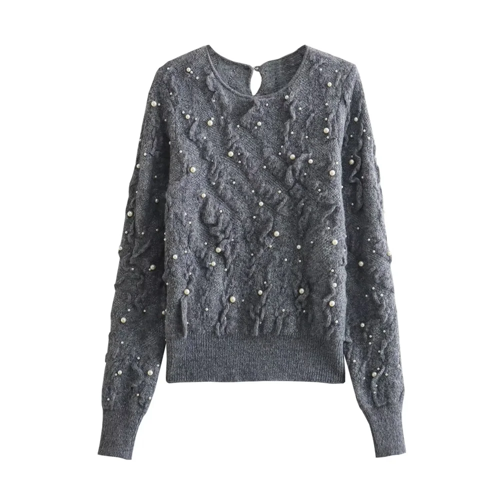 European and American Style Women\'s Spring New 2024 Fashionable and Sweet Artificial Pearl Embellished Texture Knitted Sweater