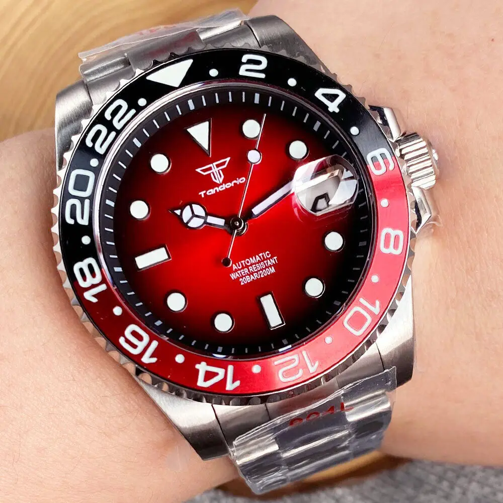 

Tandorio 40mm Red Dial NH35 Movement Watch For Men Black Red Ceramic Circle Sapphire Crystal luminous hands 316 Stainless Steel