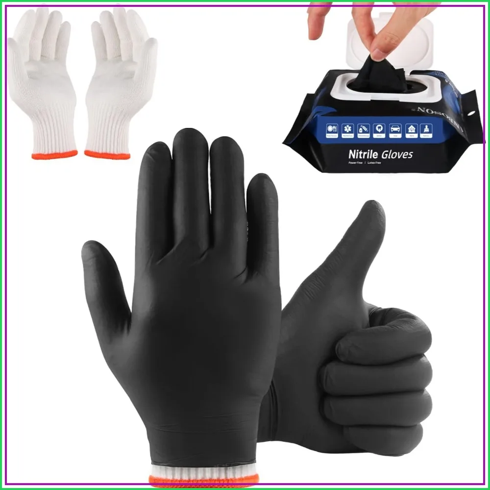 50 Disposable Nitrile Gloves + 2 Reusable Cotton Liners for BBQ, Heat Resistant, Powder Free, XLarge