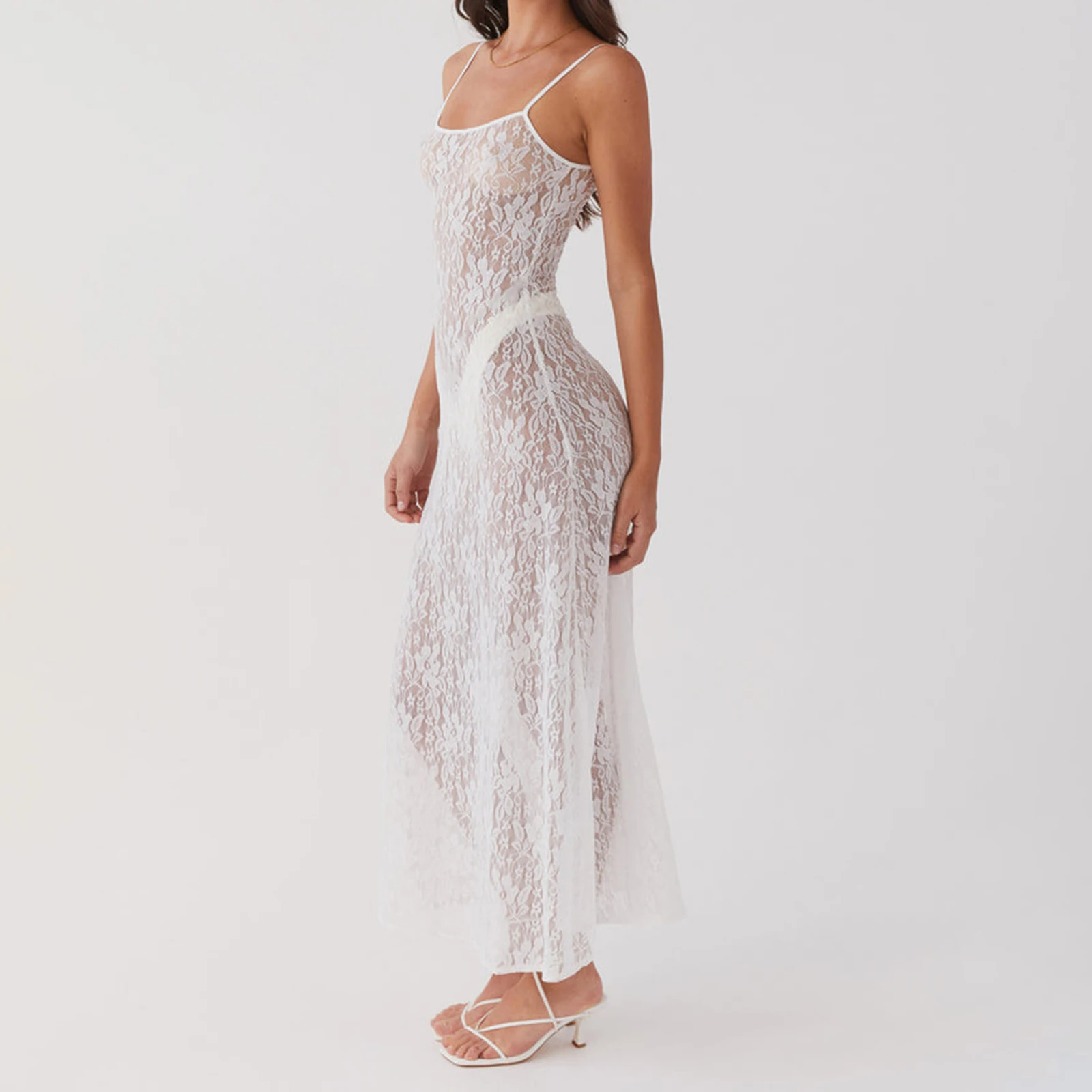 Combhasaki femmes pure dentelle florale transparente sans manches col carré bretelles Spaghetti réglables a-ligne longue Cami robe à bretelles