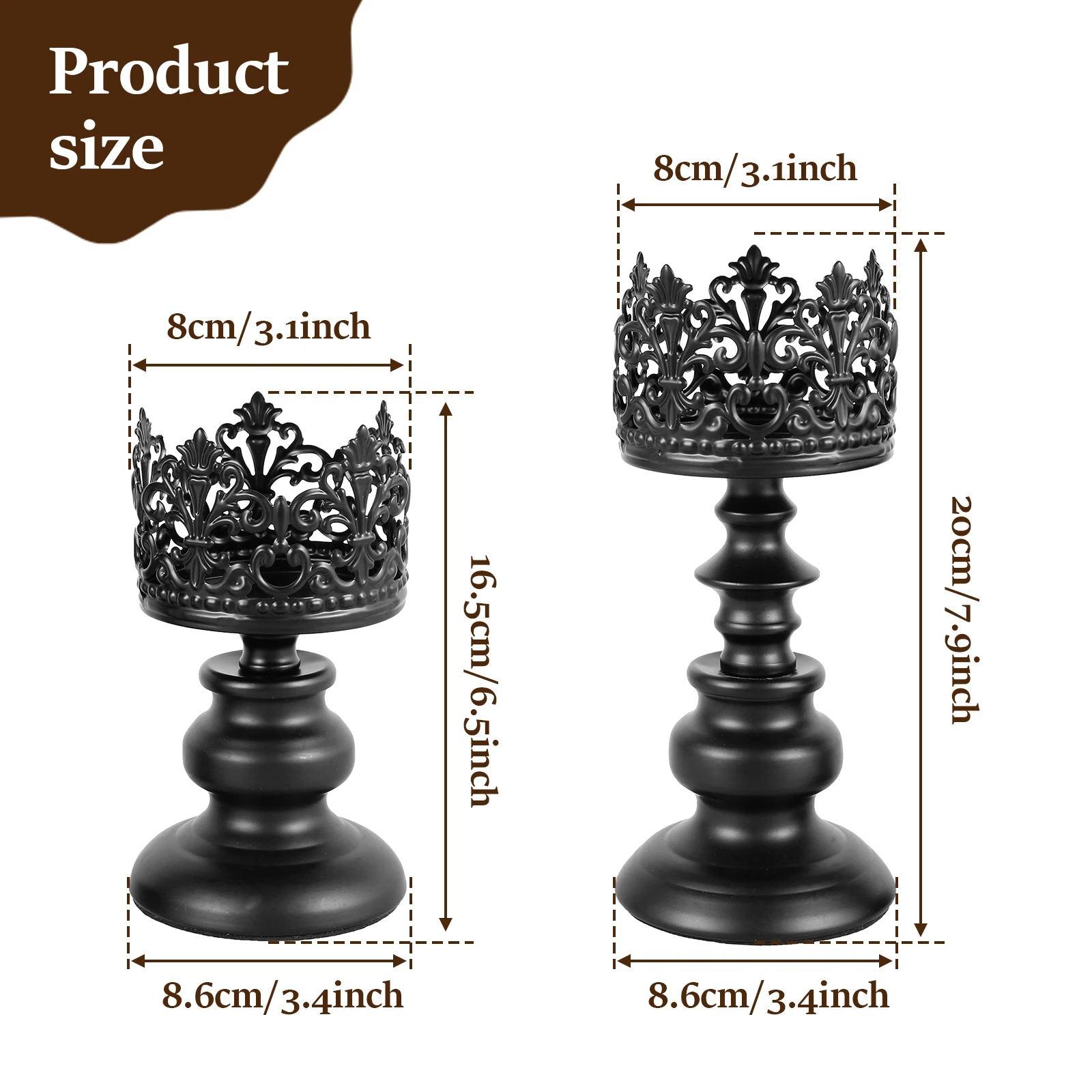 2pcs Distressed Black Candle Holders for Pillar Candles, Vintage Crown Candle Stands Decor, Tall Antique Metal Candle Holder Set