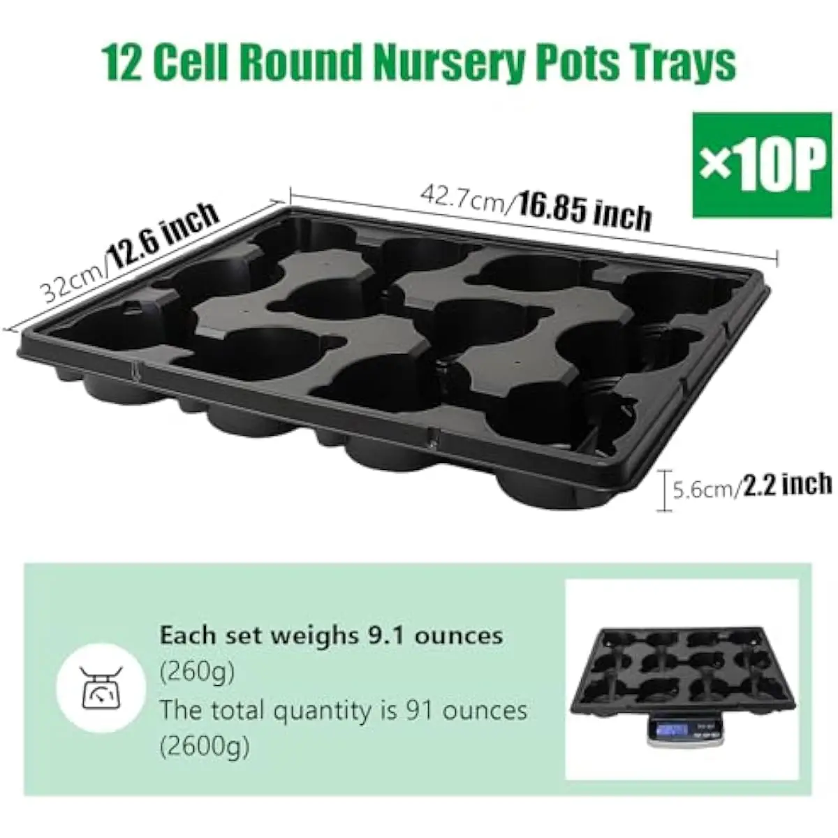 12-Cell Black Plastic Nursery Tray with Drainage Holes and Ventilation Channels for 4-Inch Round Pots — Measures 16.85 X 12.6 in