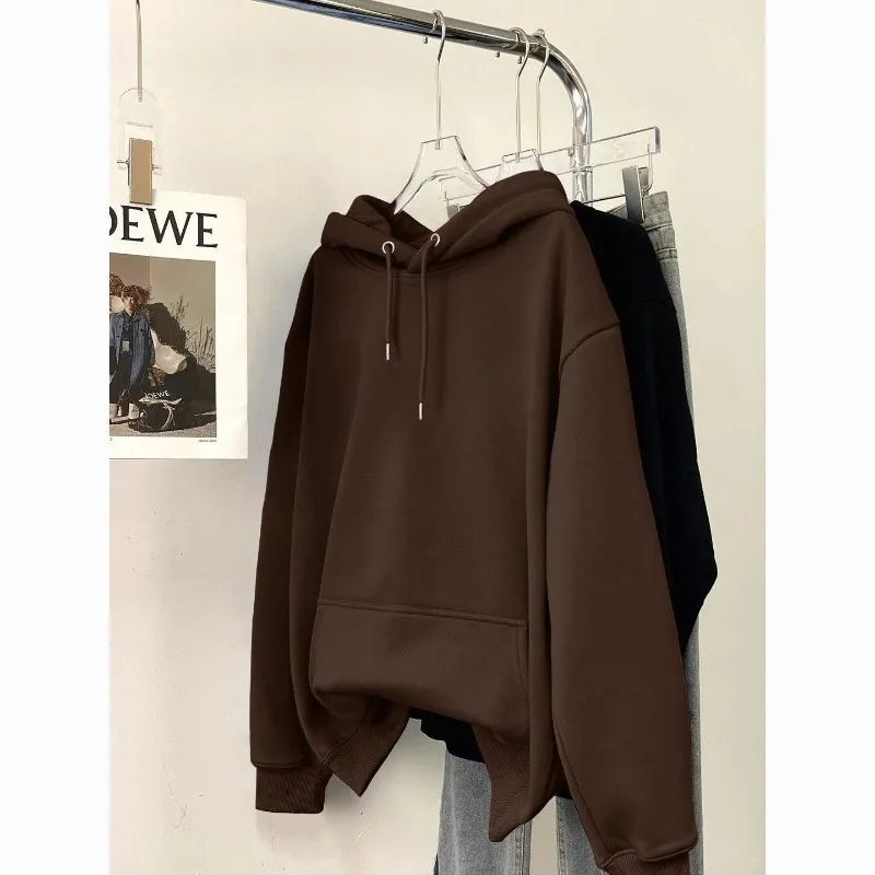 ファッショナブルなルーズソリッドカラー長袖スウェットシャツ女性用秋と冬ベルベット厚みのあるデザインフード付きトップ