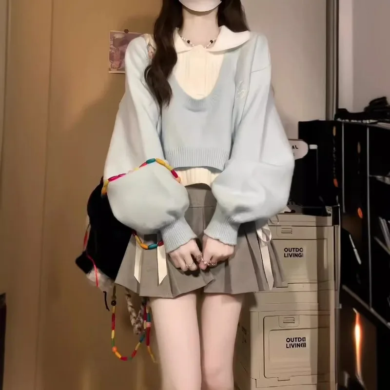 

Blouse Sweater Two-piece Set Women's Autumn Korean Style Preppy Knitwear Polo Neck Pullover New Comfortable Casual Fashionable