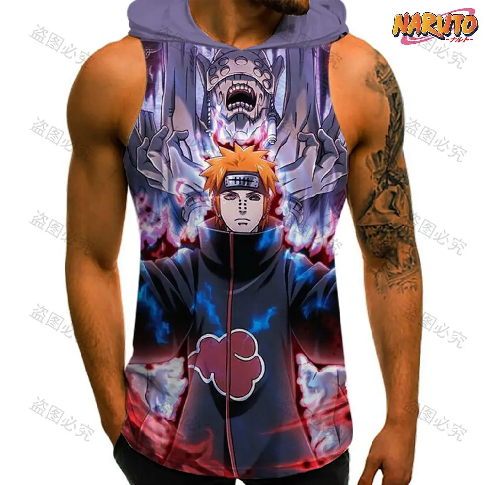 Oversized Naruto Bodybuilding Hip Hop Hooded Vest Men's T-shirts Trend Sportswear Essentials 2023 Clothes High Quality Fashion