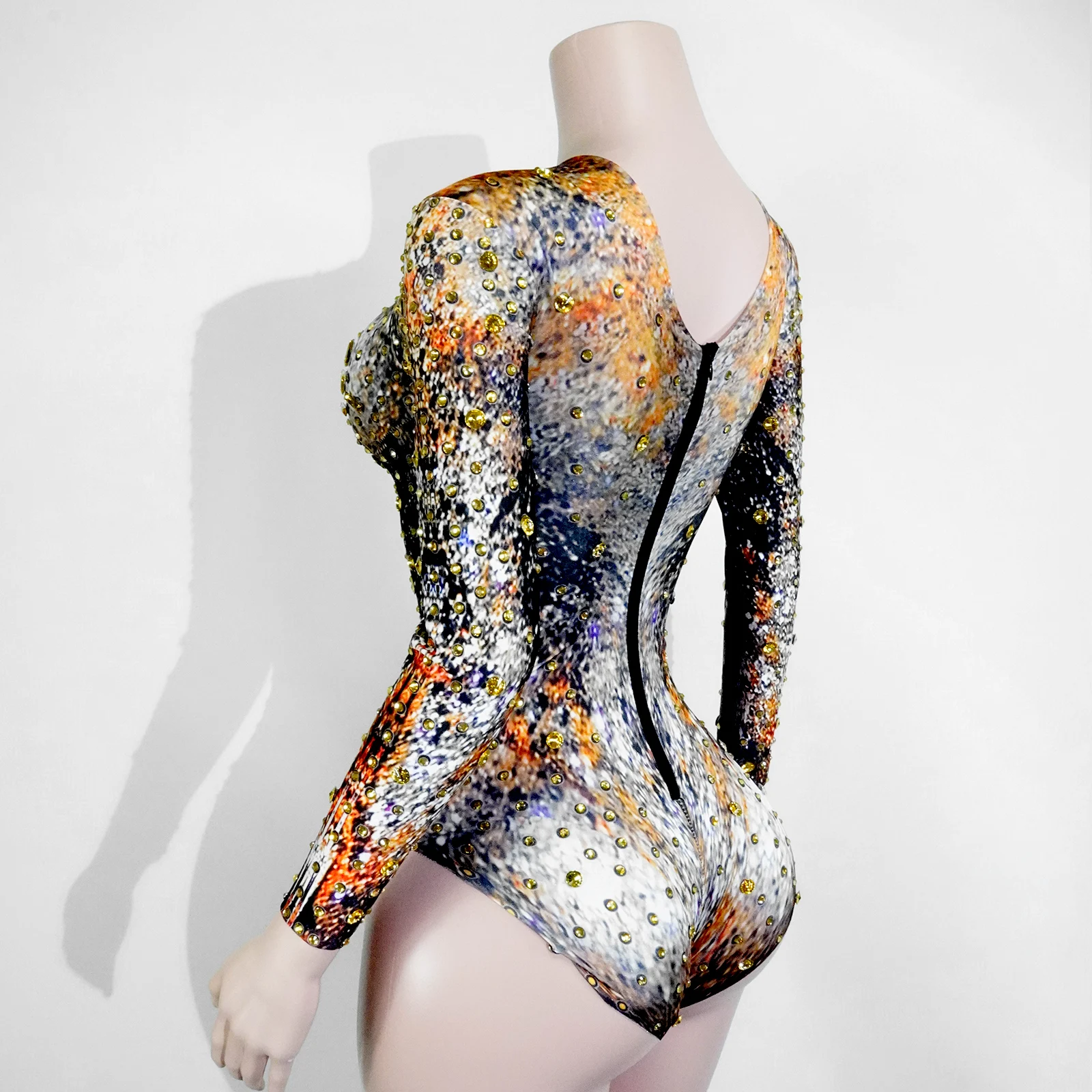 Body en cristal scintillant à manches longues, imprimé léopard, Sexy, Club, fête, Bar, anniversaire, Drag Queen, pôle danse, chanteur, vêtements de Festival