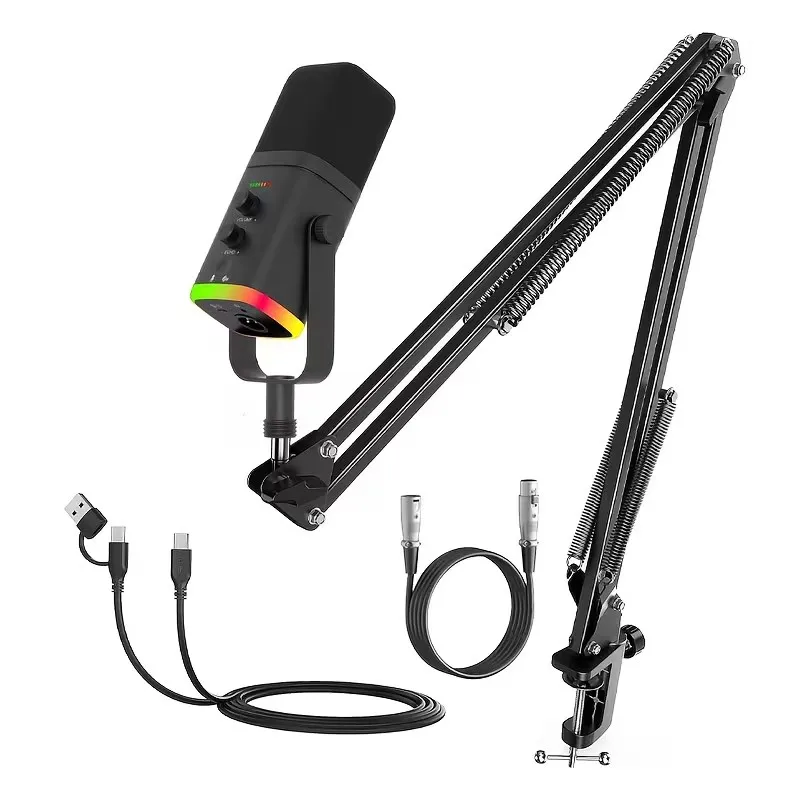 

Комплект динамического микрофона XLR/USB, RGB-микрофон для подкастов с кнопкой отключения звука, регулятором усиления, регулятором громкости, настольной стойкой для стриминга, игр и записи.