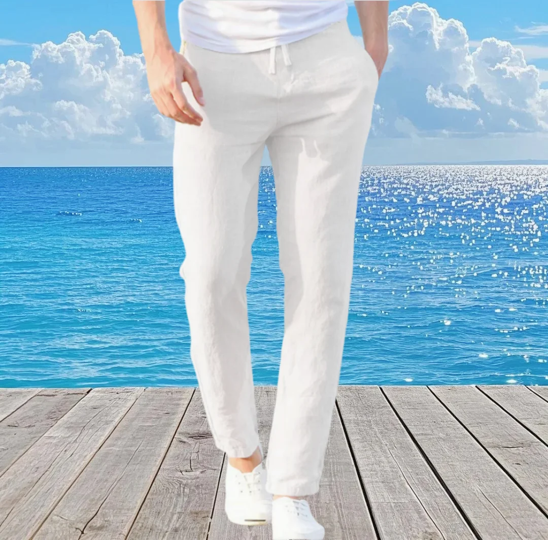 

2025 New Men's Beach Pants Joggers Streetwear Cotton Linen Sweatpants Casual Pants Hawaiian Vacation Loose Summer Long