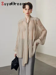 SuyaDream, Women Stripes Shirts, 100%Real Silk, Bow collar, Transparent Loose Chic Shirts, 2024 Spring Summer Casual Top