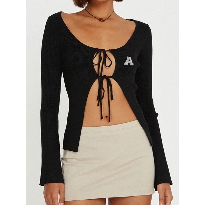 

Women's Fashion Black Lace-up Long-sleeved Coat Y2K Retro O-neck Slim Short Cut Clothing Women's Fashion Joker Sweater Top