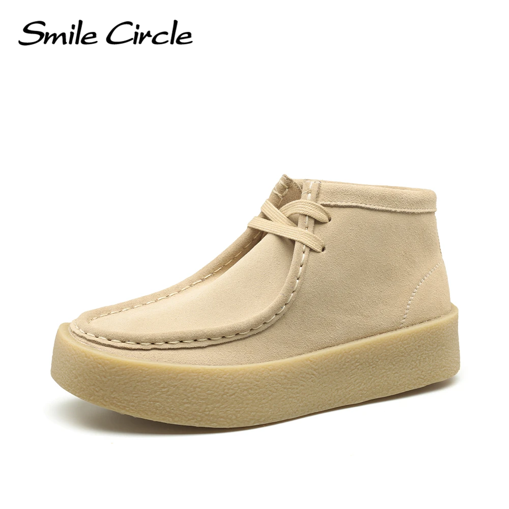 Smile Circle Wallabee Cup Cow Suede Leather Shoes Women Lace up Ankle Boots Thick Bottom Comfortable Flat Casual Sho