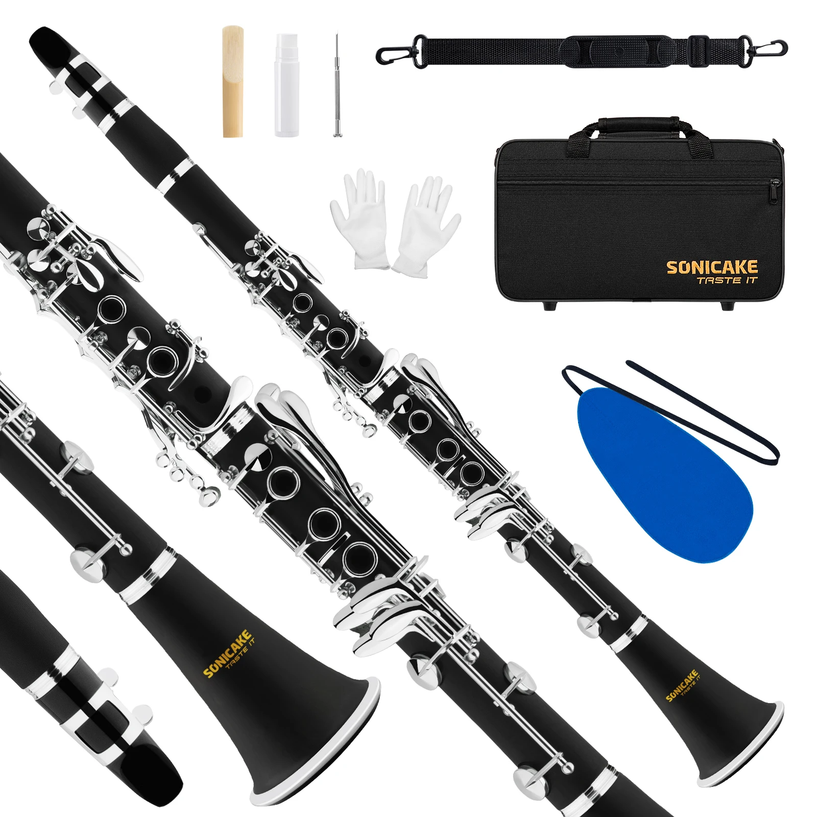 SONICAKE B Flat Clarinet for Beginner, Ebonite Clarinet Nickel plated with Hard Bag Cleaning Accessories