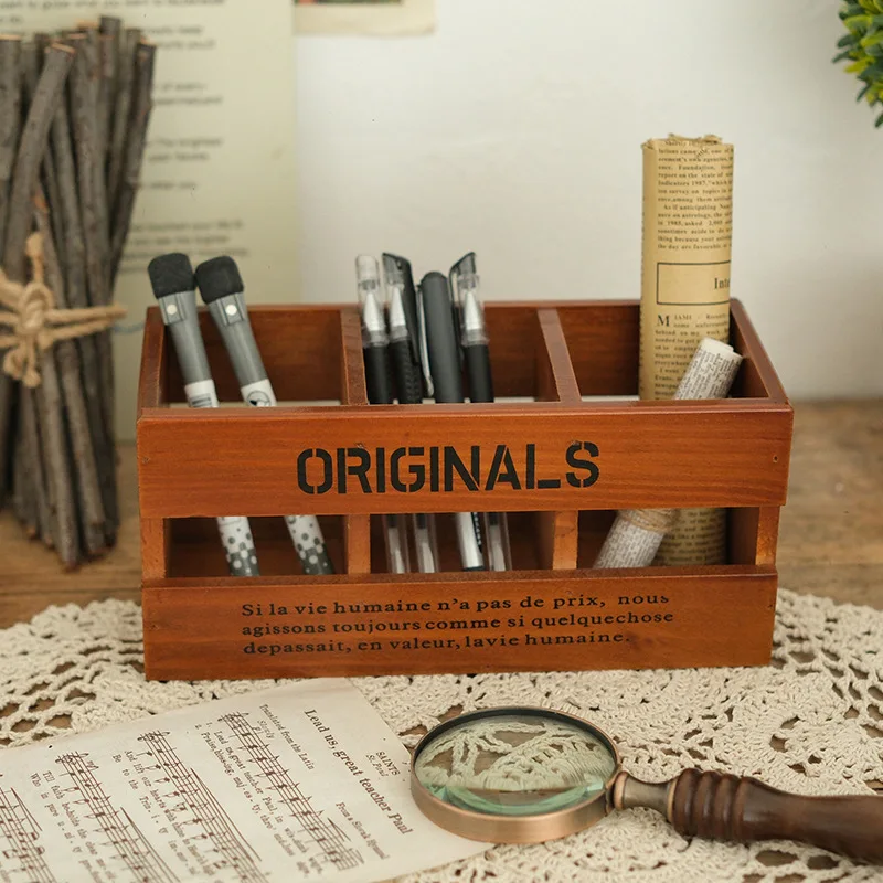 Office pen holder storage wooden retro desk school supplies stationery box desktop makeup brush bucket creative ornament