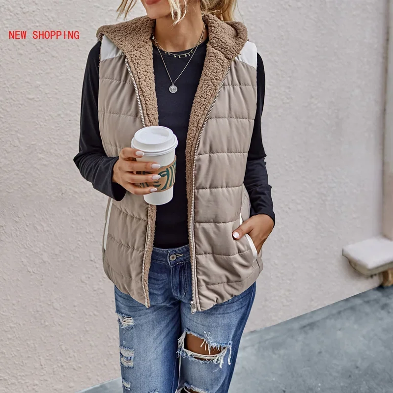 

New Winter Warm Plush Jackets Women Double Sided Vest Hooded Ladies Solid Casual Pockets Coats Vests Outwear Chaleco Mujer Indie