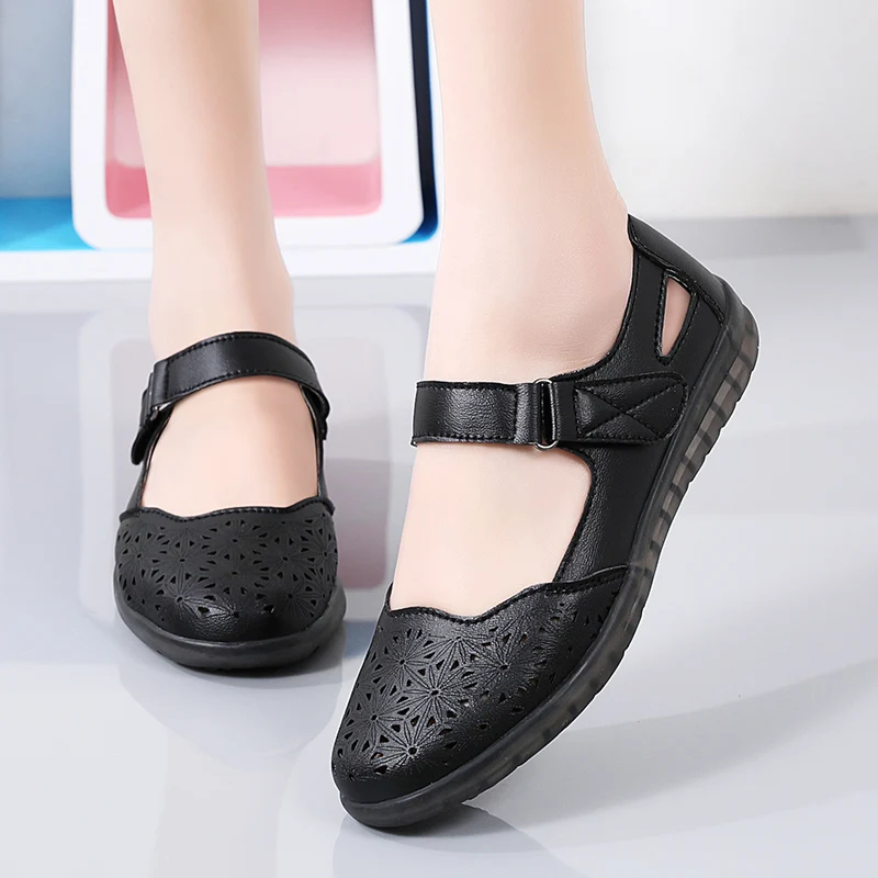 Summer Sneakers for Women Soft Leather Sandals Flexible Mary Jane Shoes for Women Nurse Walking Sandals Breathable  Non-slip