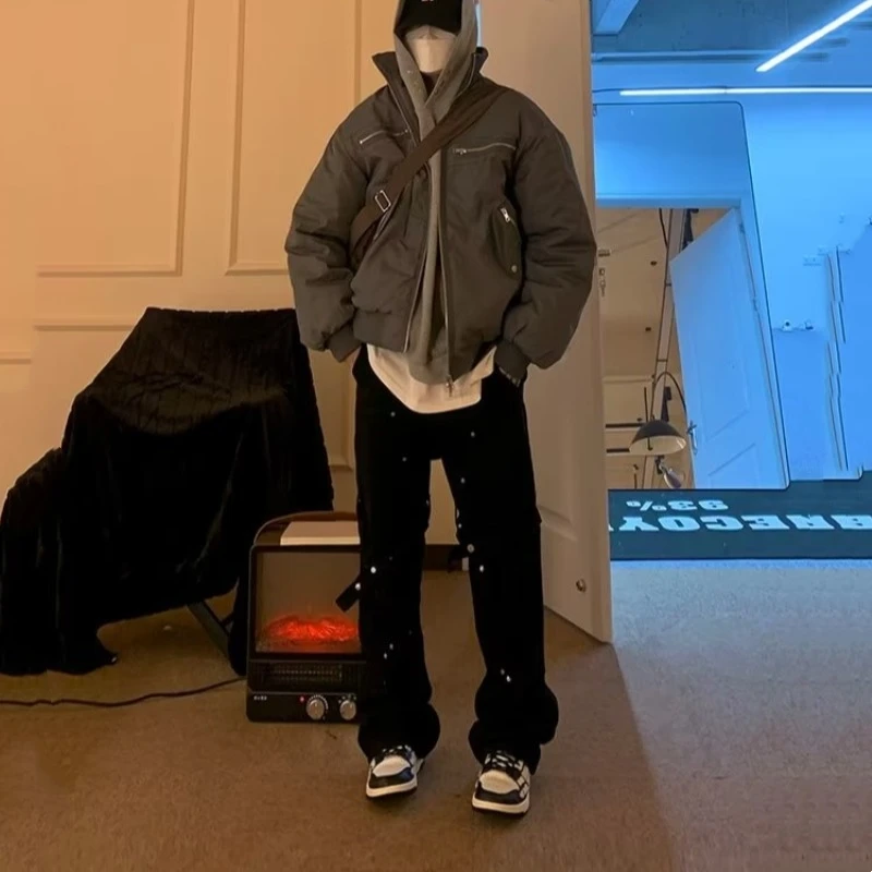 

Мужские джинсы свободного кроя в стиле ретро, американские джинсы больших размеров, модные широкие длинные брюки, осень 300, сум, толстые мужские уличные крутые брюки