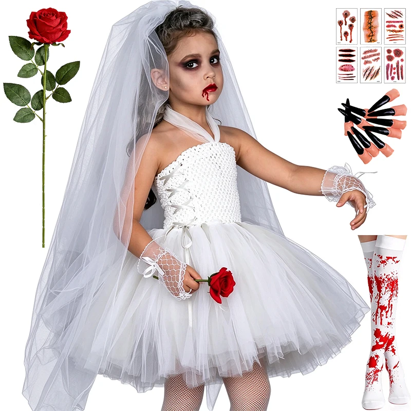 Kids Zombie Ghost Bride White Tutu Dress for Girls Halloween Cosplay Masquerade Children's Costume Carnival Horror Party Clothes