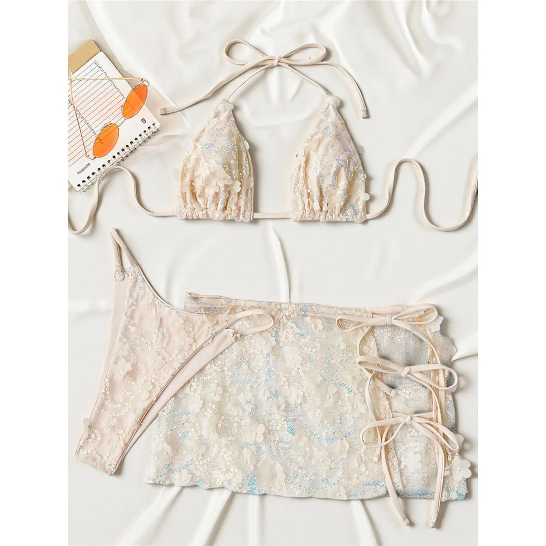 S - XL Dreiteiliges Bikini-Set mit Rock, Blumen, Pailletten, Damen-Bikini, Badeanzug, Badebekleidung, Badeanzug, Schwimmbekleidung V7864 – Detail 13