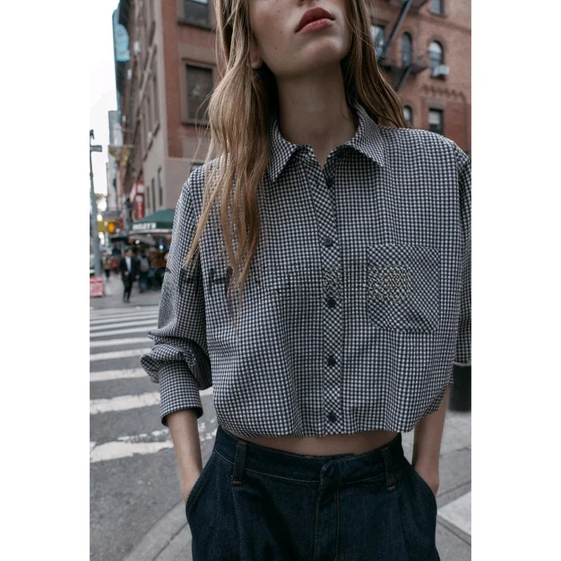 Winter New Arrival Women's Commuter Sle Long Sve Collared Small Plaid Balloon irt Top French Sle Slim Fit Polyester