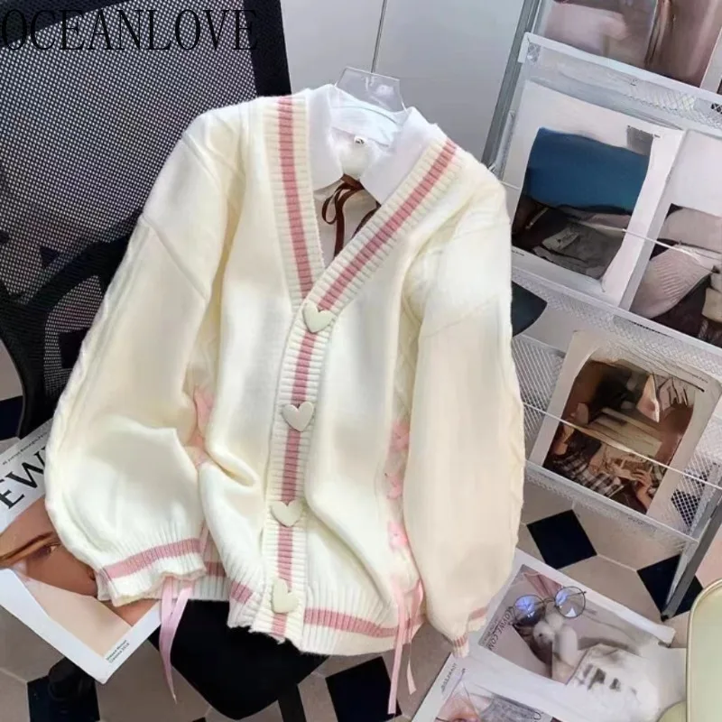 OCEANLOVE Japanese Style Kawaii Women Cardigans Preppy Style Autumn Winter Sweaters Stripes Loose Warm Fashion Sueter De Mujer