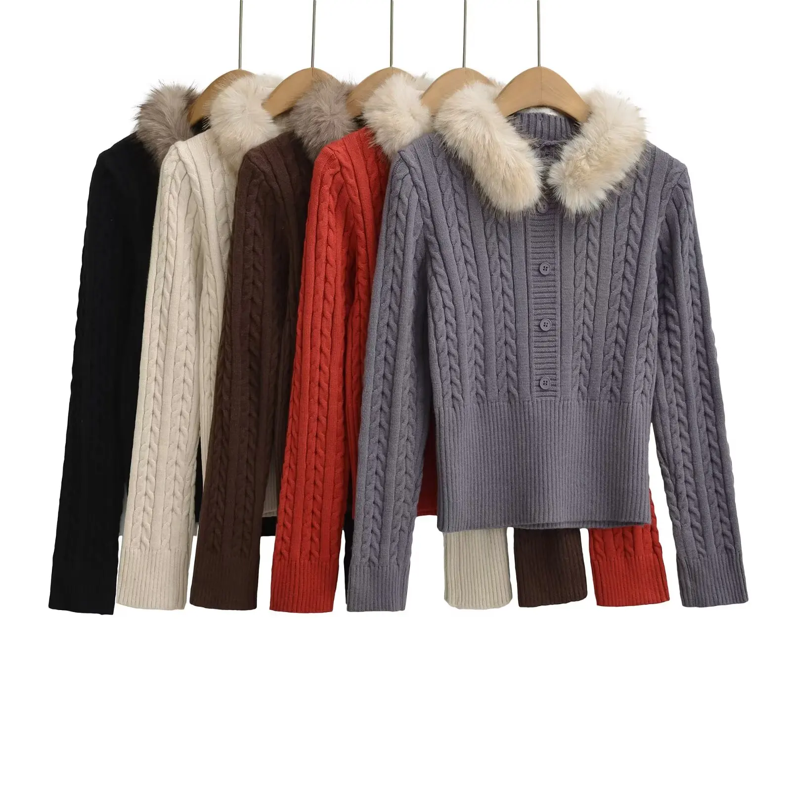 เสื้อไหมพรมถักลายบิด คอโอ แขนยาว ทรงเข้ารูป สั้น แต่งปกขนเฟอร์ถอดได้ สไตล์วินเทจ สำหรับฤดูใบไม้ร่วงและฤดูหนาว สีแดง