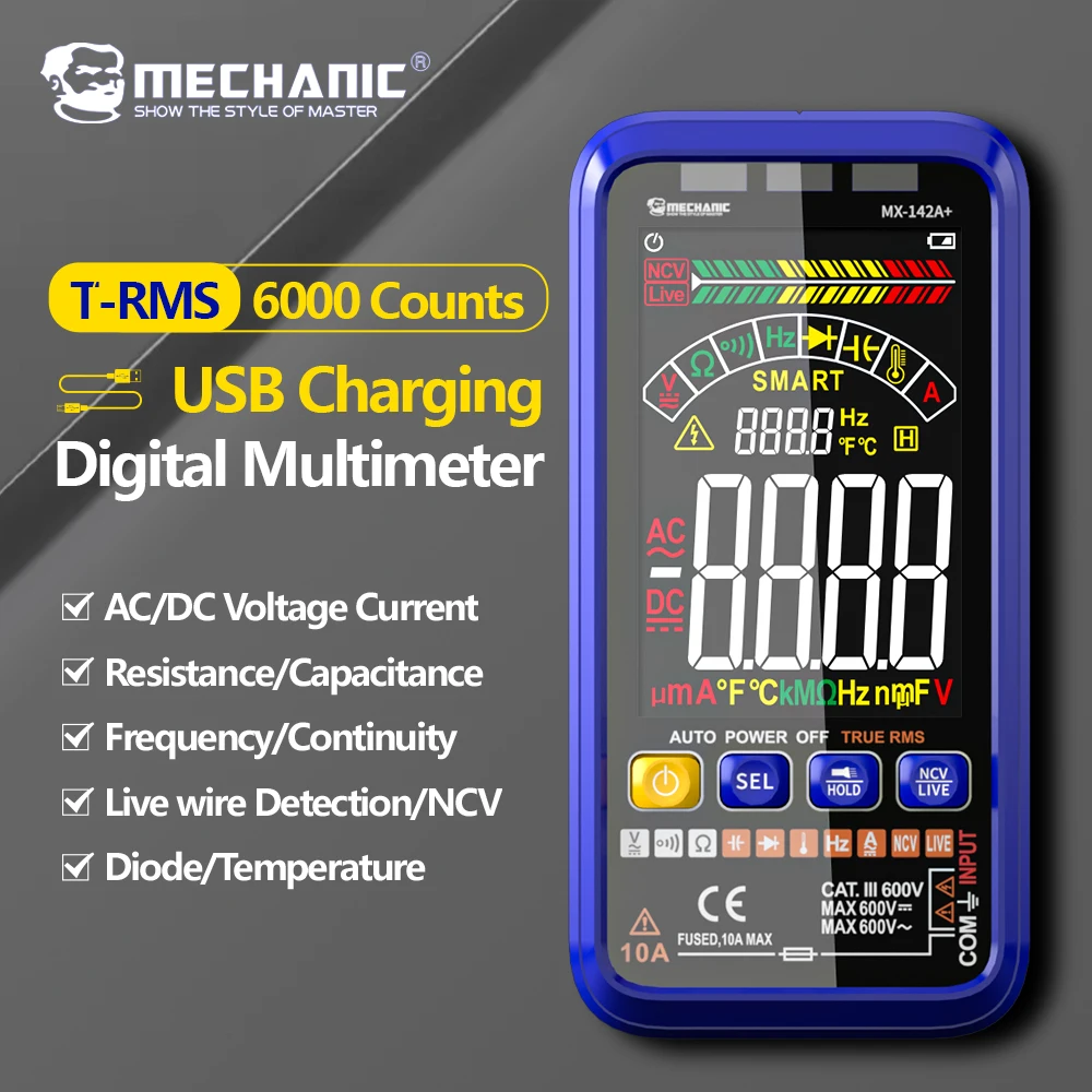 

MECHANIC High-Definition Large Screen Rechargeable Digital Multimeter AC/DC Voltage Current True RMS Capacitance Ohm Hz Tester