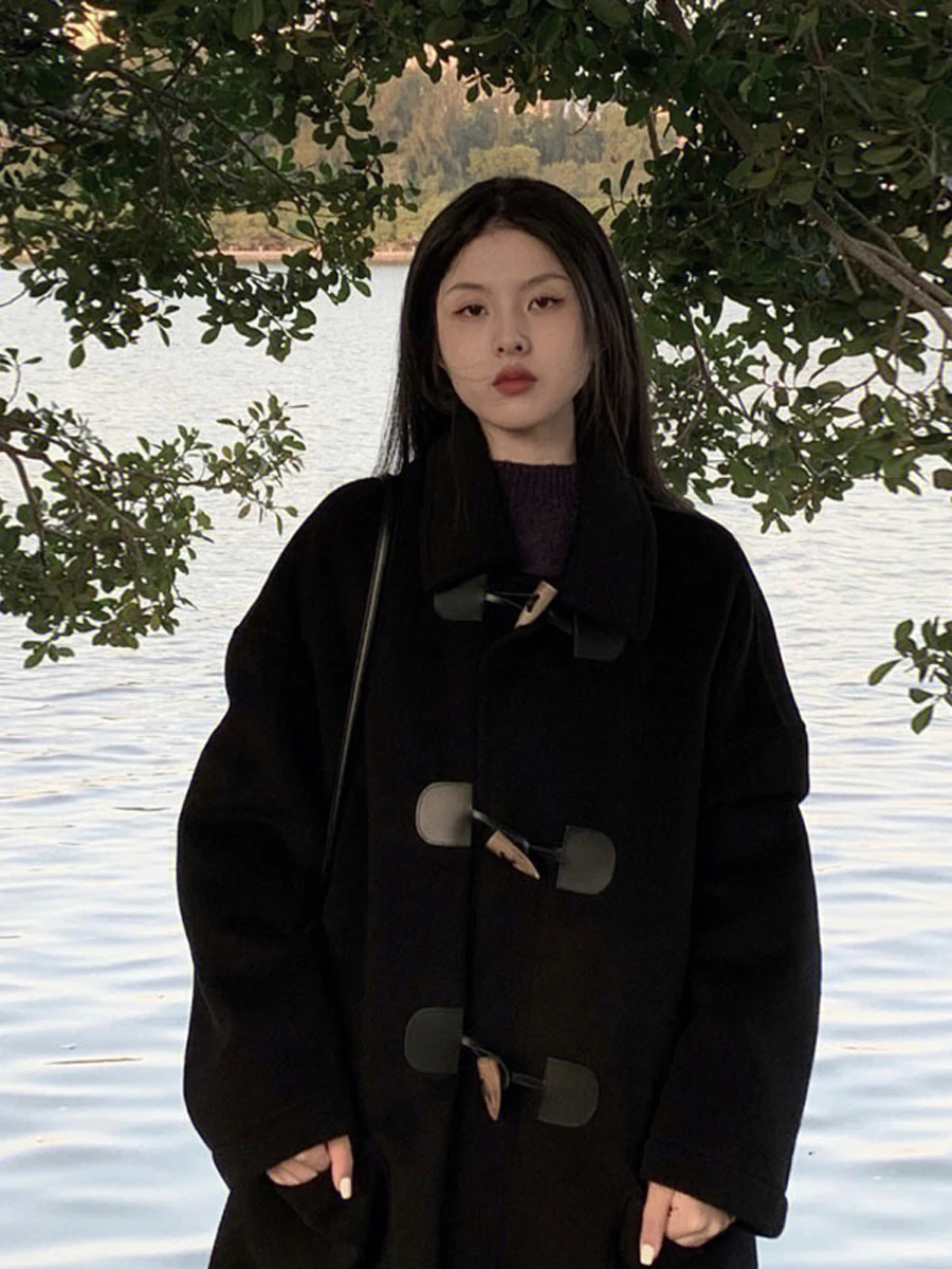 

Double-Sided Woolen Coat Bla Thiened Korean Sle Women's Winter Jaet with Horn Buttons Straight Cut Long Sve C...