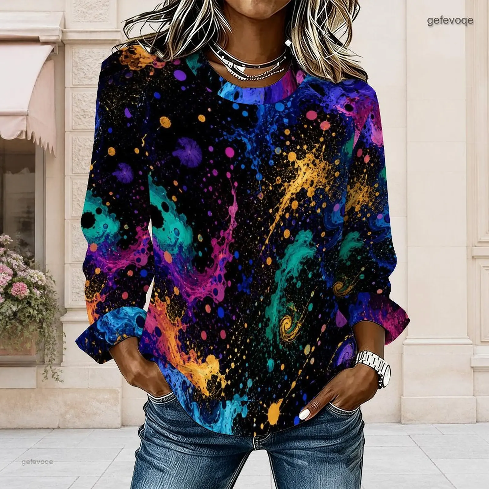 Women Abstract Paint Splatter Printed Round Neck Long Sleeve Curved Hem Top