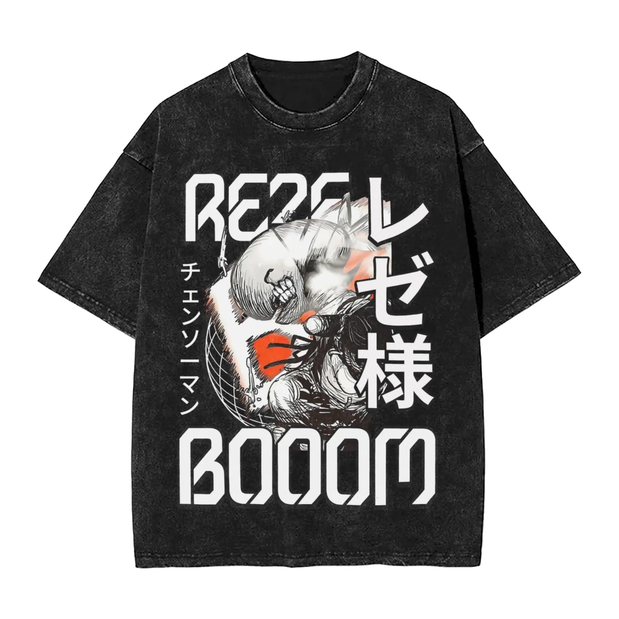 Reze Bombs Devil Washed T Shirt Streetwear Hip Hop Vintage T-Shirt Chainsaw Man Tees Tops Men Short Sleeve High Street Summer