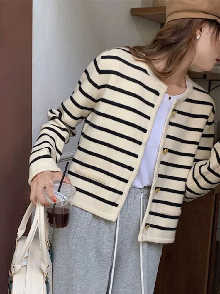 Jmprs Striped Sweet Cardigan Sweater Women Long Sleeve Elegant Knitted Tops Casual Korean O Neck Vintage Fall Lazy Wind Cardigan