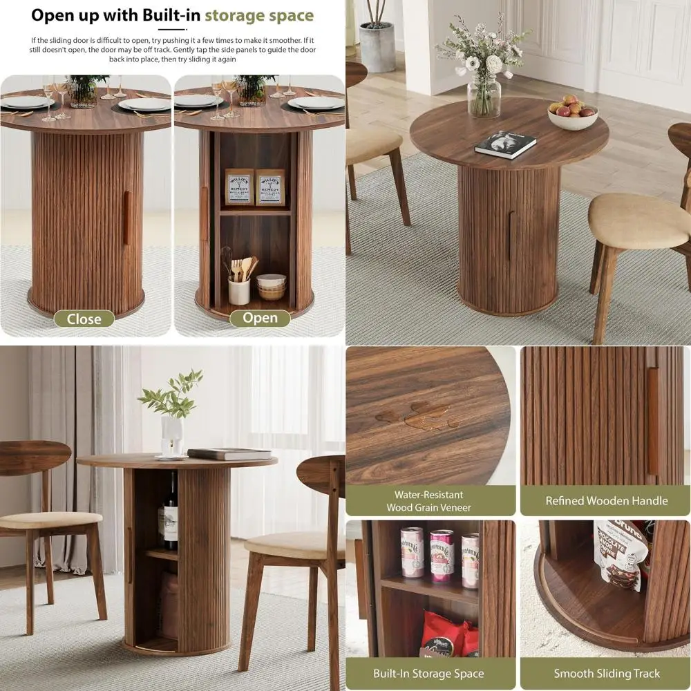 

Walnut 2-4 Seater Round Dining Table with 2-Tier Storage Shelf