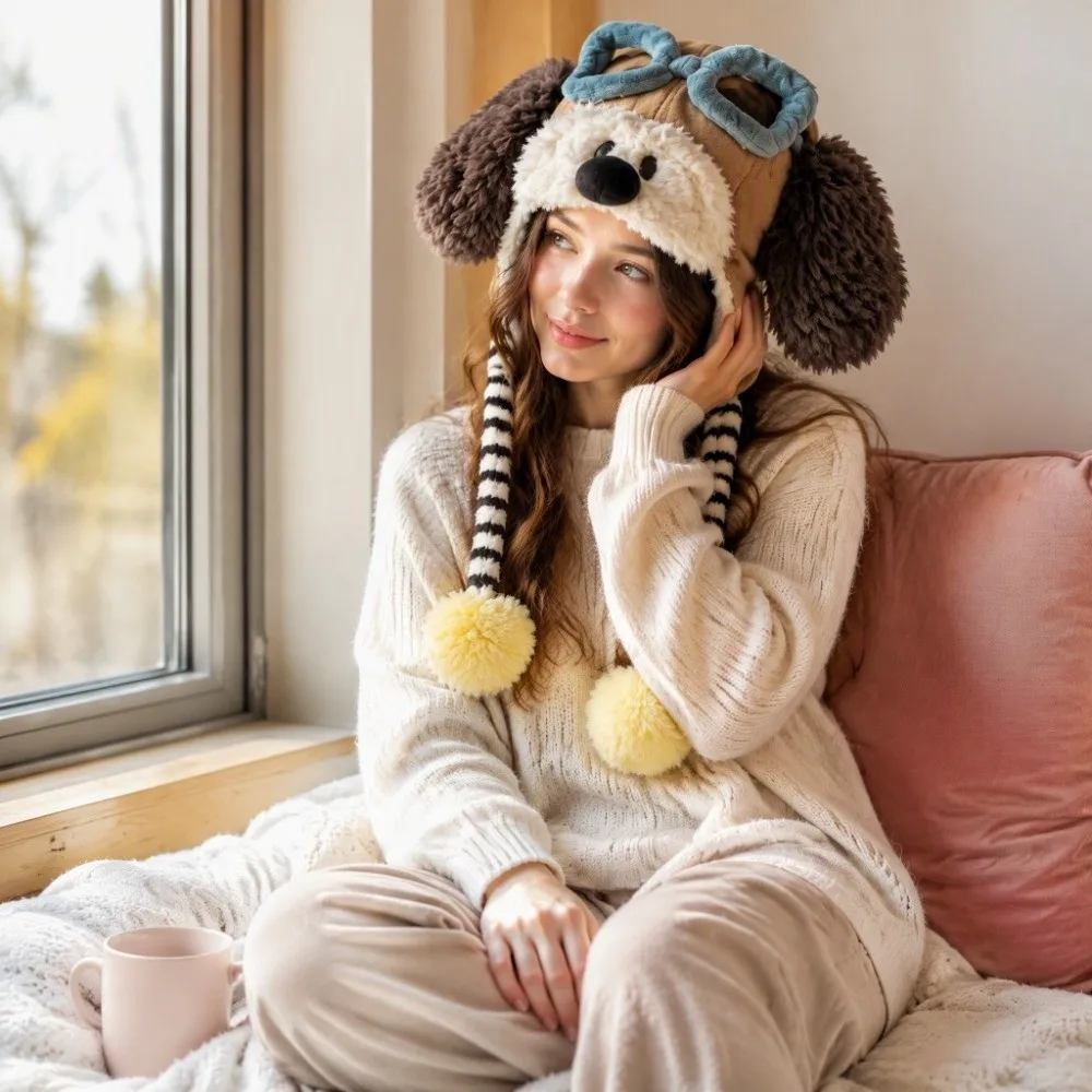 New Thick Fleece Cat Ear Trapper Hat Warm Fleece Lined Earflap Hat Blush Cute Animal Hat Cold Weather