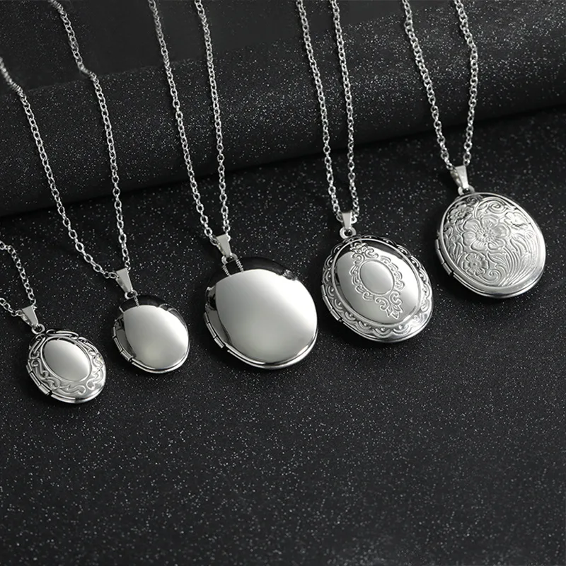 Vintage Silver Color Openable Oval Square Heart Carved Flower Stripe Locket Necklace Chic Photo Frame Stainless Steel Necklaces