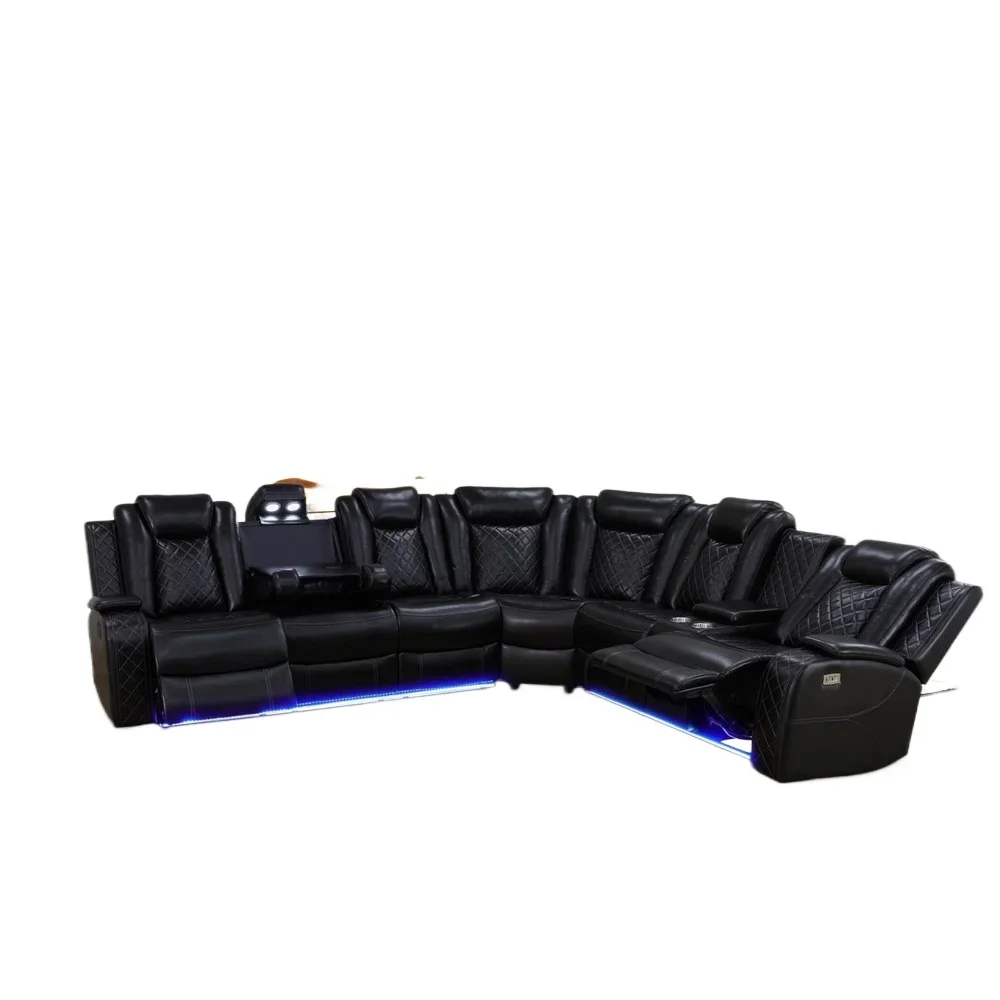 recliner，Leather Power Recliner Sectional Sofa with LED, Power Reclining Sectional Couch, Breathing Leather Sofa Couch