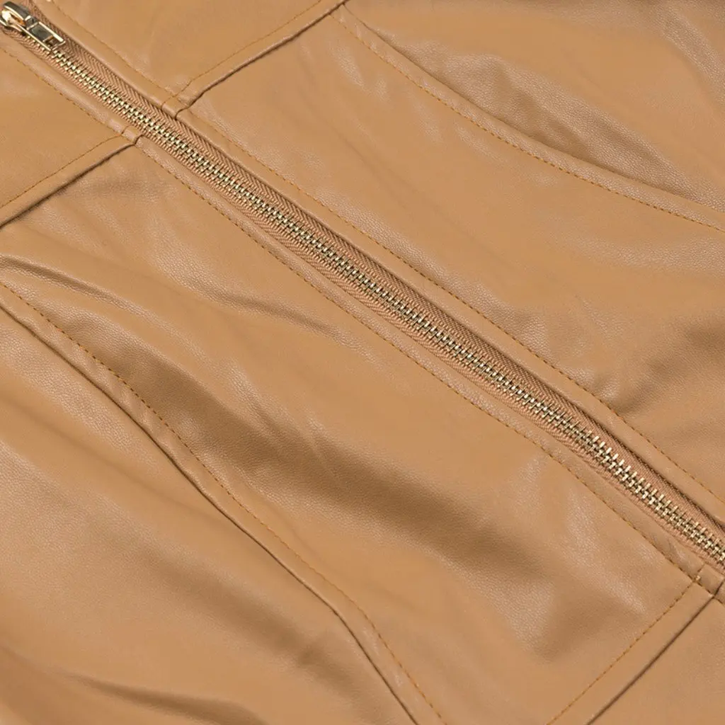 

European And American Fashion round Neck Long Sleeve Zipper Leather Jacket Women's Spring Autumn New Style C92362
