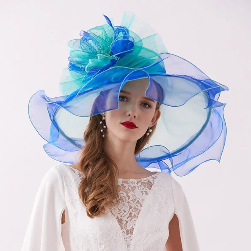 New Women\'s Kentucky Derby Hat Organza Large Wide Brim Sun Hats With Flowers Elegant Ladies Church Wedding Formal Fascinator Hat