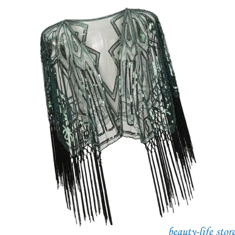 

Vintage Evening Wrap with Sequins for Women Long Tassels Women's Top Shawl 517D
