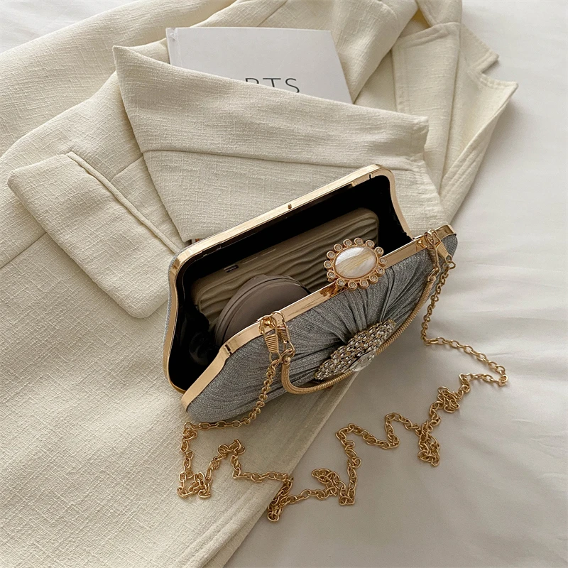 Small Cute PU Leather Shoulder Bag Chain Handbags Designer Women 2024 Korean Fashion Party Diamond Design Gold Crossbody Bag