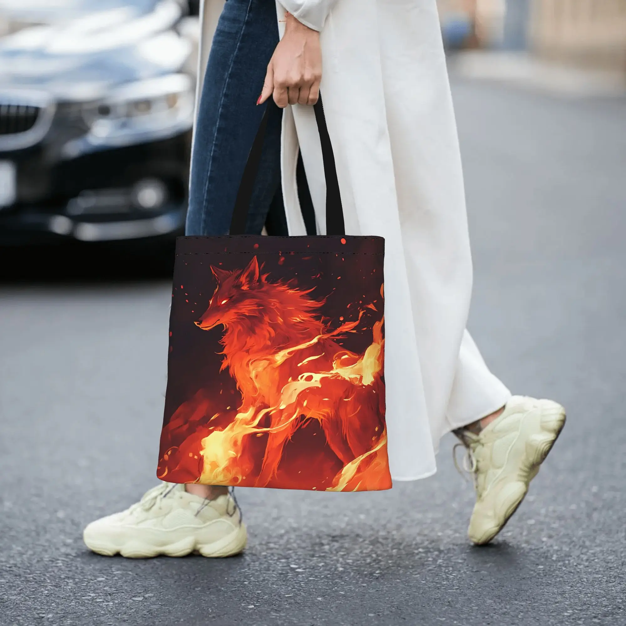 Customized Flame Wolf Fire Texture Art Print Women's Bag Campus Handbag Large Capacity  Canvas Tote Bag Foldable Chic Pattern